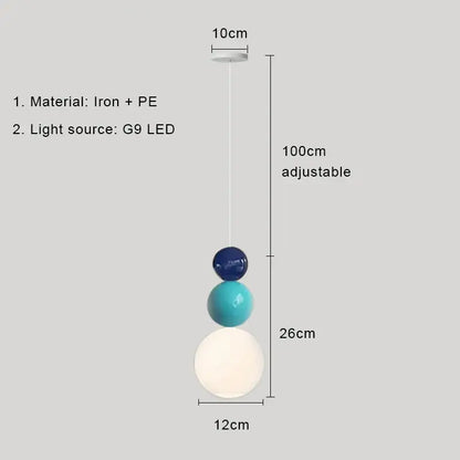 Adjustable modern pendant light with deep blue teal and frosted white shades in iron and pe offering light color options