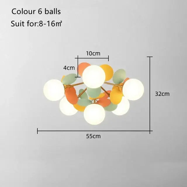 Modern pastel balloon ceiling light fixture with six glowing orbs in orange yellow and mint green for kids bedroom