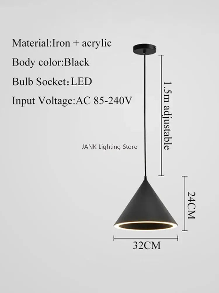 Modern pastel cone pendant light black iron and acrylic with led bulb socket featuring three lighting methods decorbites cone shape