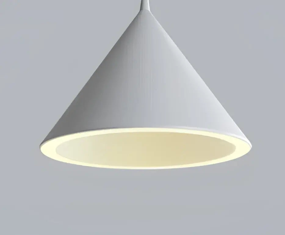 A sleek white conical pendant light with softly glowing inner rim featuring decorbites cone shape and lighting methods