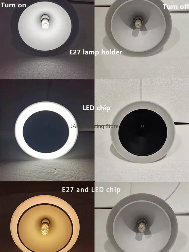 White circular recessed ceiling light with e27 lamp holder and led chip shown illuminated and off in decorbites cone shape pendant light lighting methods