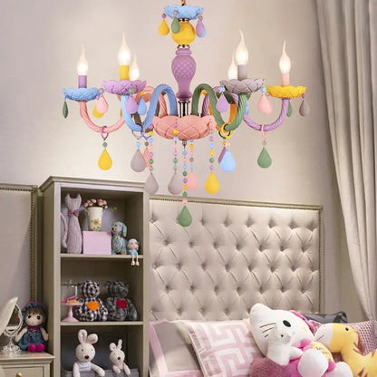 Modern pastel decorbites crystal chandelier with colorful dripping teardrop ornaments and candle lights for children room