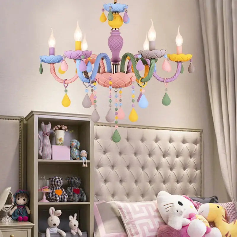 Modern pastel decorbites crystal chandelier with colorful dripping teardrop ornaments and candle lights for children room