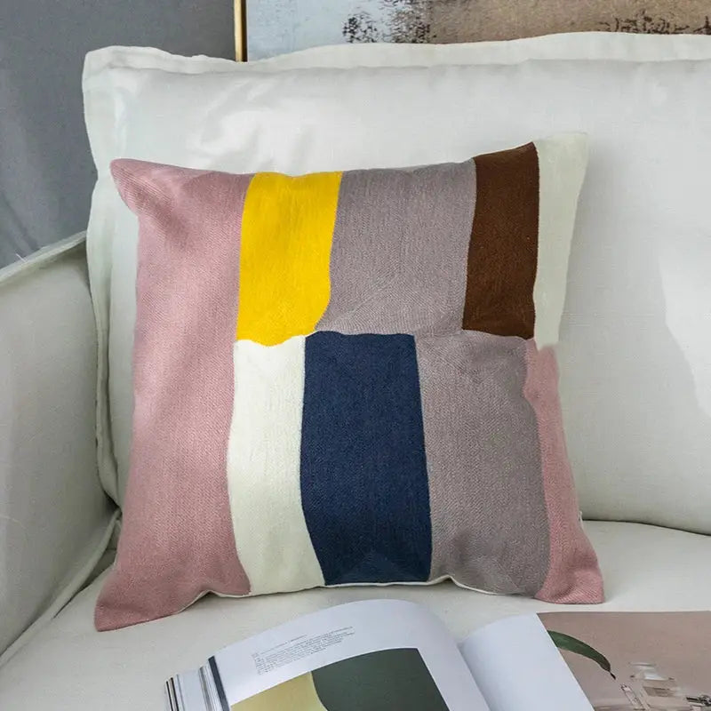Rectangular modern pastel geometric cushion cover with embroidered patchwork in pink yellow gray navy and white decorbites geometric cushion