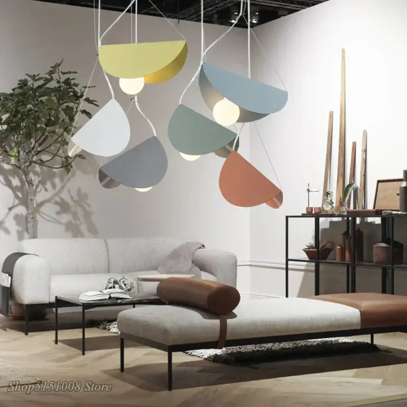Modern pastel geometric iron pendant light with semi-circular yellow blue gray and terracotta shades for dining room decorbites geometric iron pendant