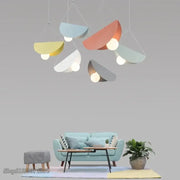 Modern pastel geometric iron pendant light with semi circular shades in soft blue peach yellow white and gray for dining room decorbites geometric iron pendant