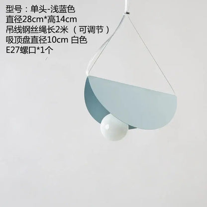 Modern pastel geometric iron pendant light with a shallow blue semi-circular shade and white spherical bulb for dining room decorbites geometric iron pendant