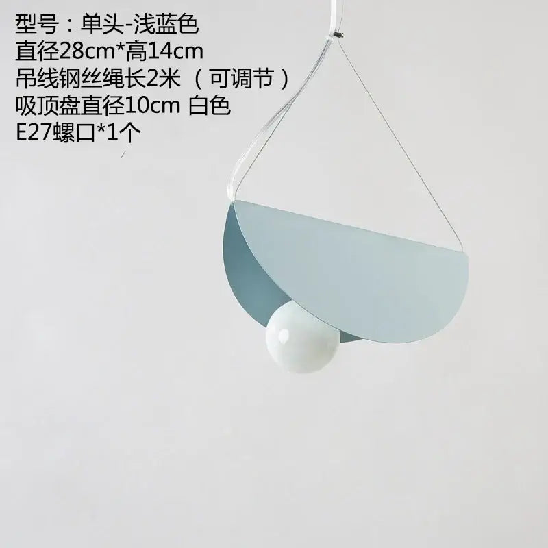 Modern pastel geometric iron pendant light with a shallow blue semi-circular shade and white spherical bulb for dining room decorbites geometric iron pendant