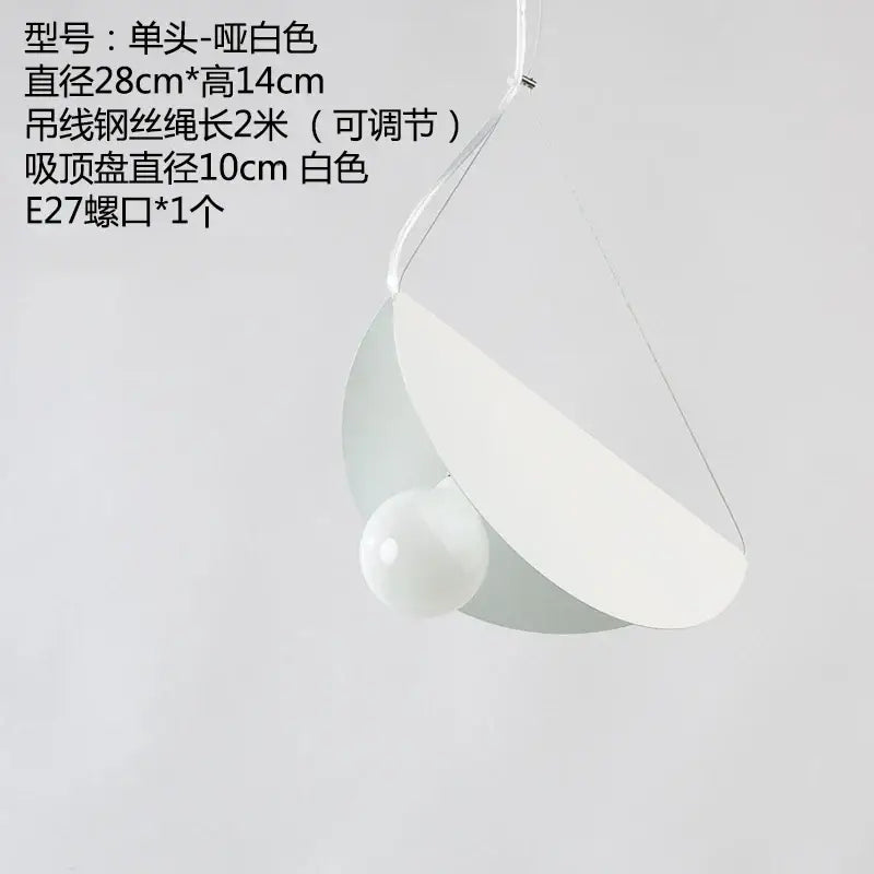 Modern pastel geometric iron pendant light with a minimalist white curved shade and integrated spherical bulb for dining room decorbites geometric iron pendant