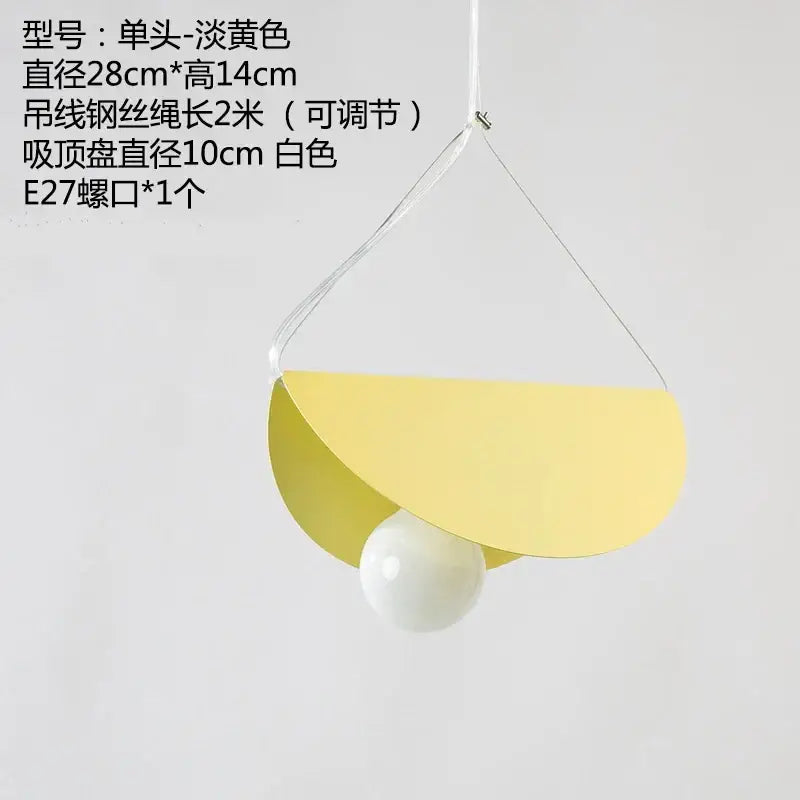 Modern pastel geometric iron pendant light with pale yellow semi-circular shade and white bulb for dining room decorbites geometric iron pendant
