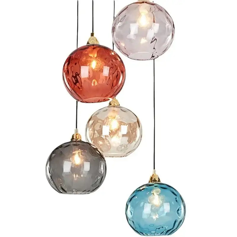 Modern pastel glass 7-globe pendant light with five colorful spherical glass globes and polished chrome for dining rooms