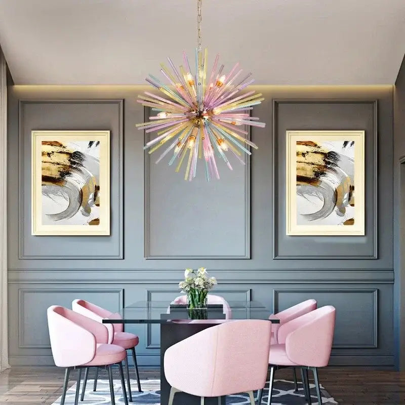 A modern pastel glass dandelion pendant lamp with iridescent pink and gold arms and a gold frame for dining room decorbites dandelion chandelier