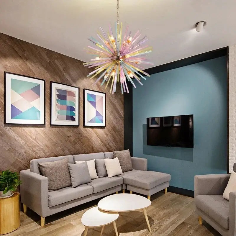 Modern pastel glass dandelion pendant lamp with gold frame featuring translucent pink and yellow glass arms by decorbites dandelion chandelier