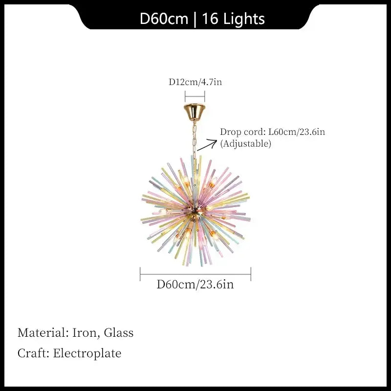Modern pastel glass dandelion pendant lamp with gold electroplated iron frame and colorful rods by decorbites dandelion chandelier