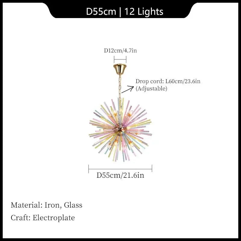 Modern pastel glass decorbites dandelion pendant lamp with 12 colorful glass rods and gold electroplated iron frame