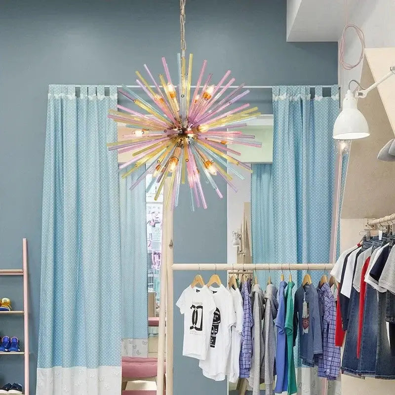 Modern pastel glass dandelion pendant lamp with brass frame featuring pink and yellow glass rods for dining room decorbites dandelion chandelier