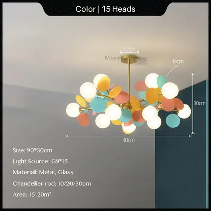 Modern pastel glass hanging 15-head chandelier with brass finish and colorful orbs for kids room decorbites glass hanging ceiling lamp