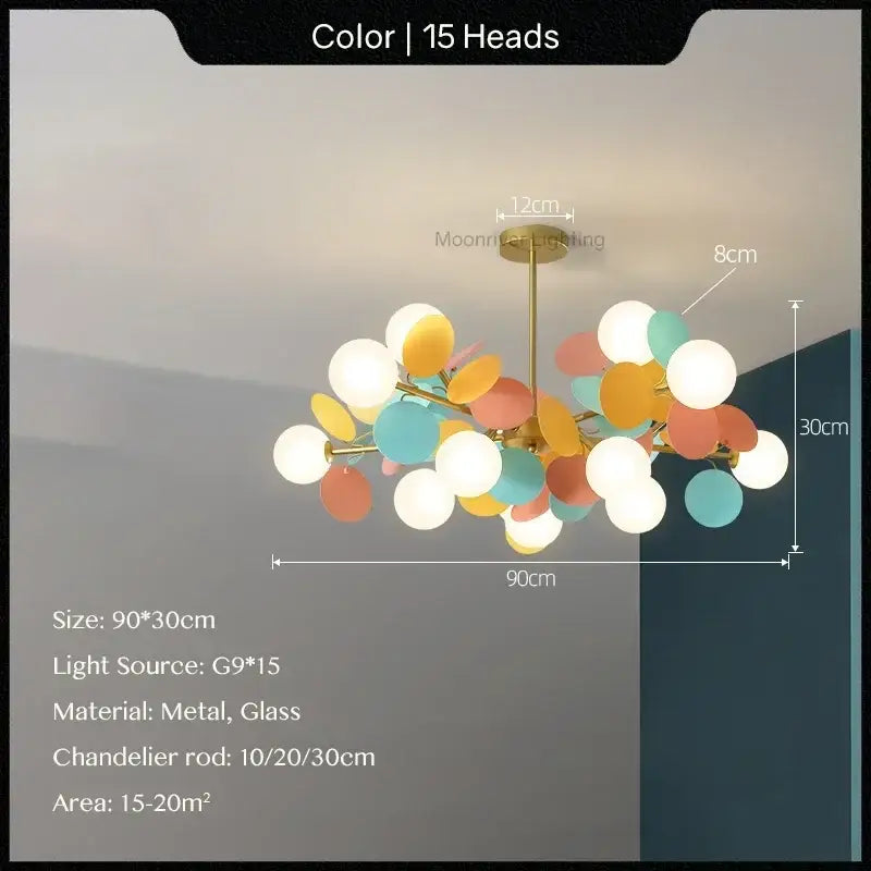Modern pastel glass hanging 15-head chandelier with brass finish and colorful orbs for kids room decorbites glass hanging ceiling lamp