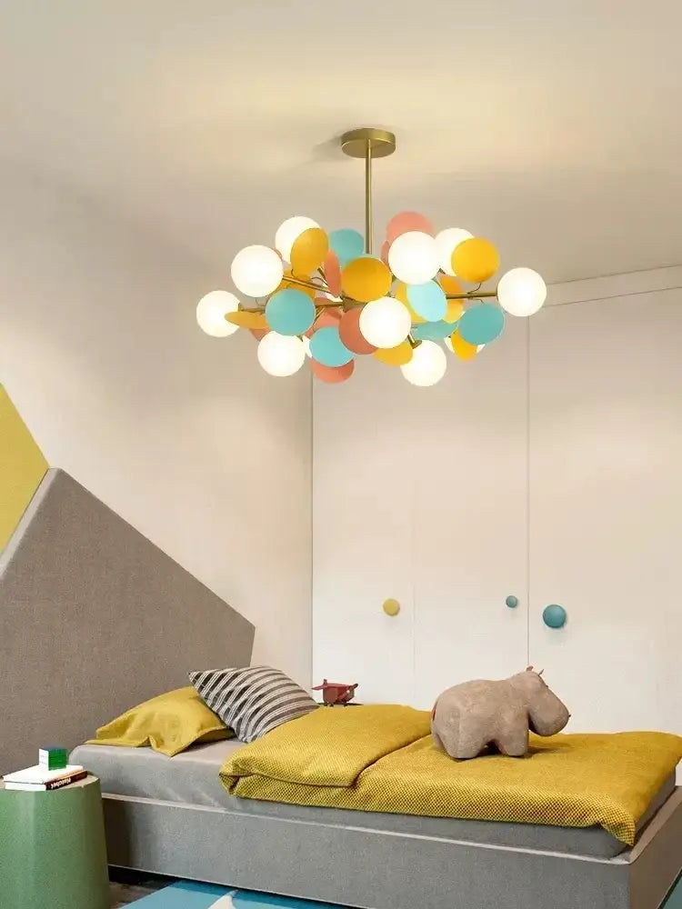 Modern pastel glass hanging ceiling lamp with brass finish and colorful spherical bulbs for kids room decorbites glass hanging