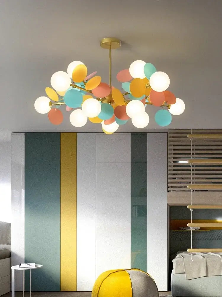 Modern pastel glass hanging ceiling lamp with gold-toned stem and colorful spherical shades for kids room decorbites glass hanging