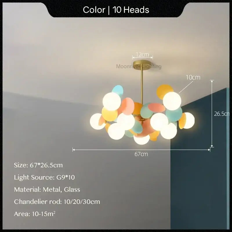 Modern pastel glass hanging ceiling lamp for kids room with pastel spherical glass globes and brass metal frame decorbites glass hanging