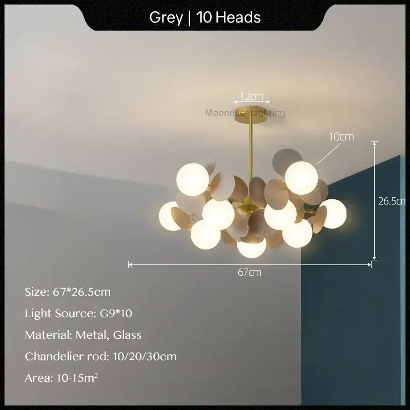 Modern grey decorbites glass hanging ceiling lamp with ten spherical globes on brass rod for kids room decor