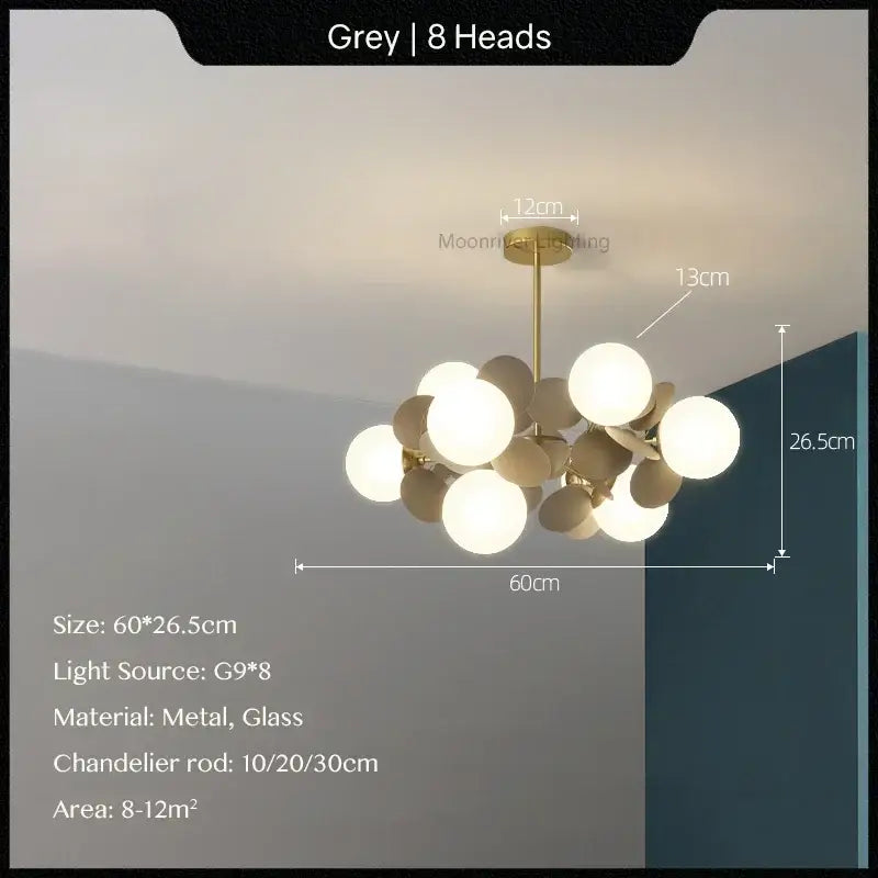 Modern grey decorbites glass hanging ceiling lamp with eight spherical bulbs and brass metal frame for kids room decor
