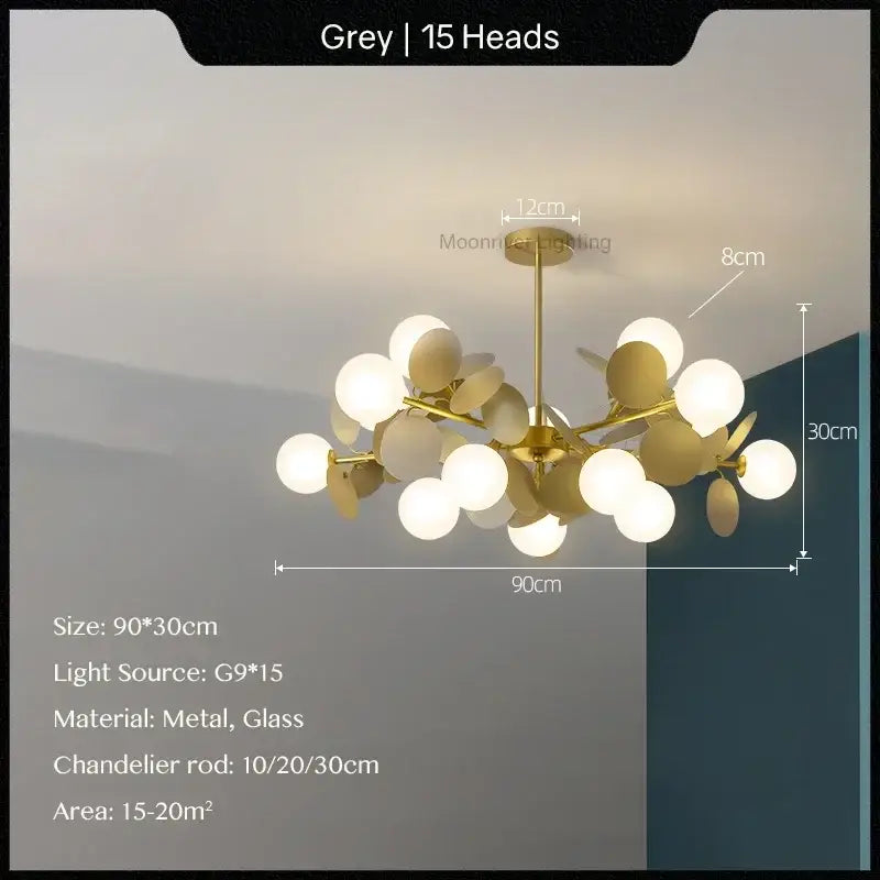 Modern grey decorbites glass hanging ceiling lamp with 15 spherical bulbs and gold-toned frame for kids room decor