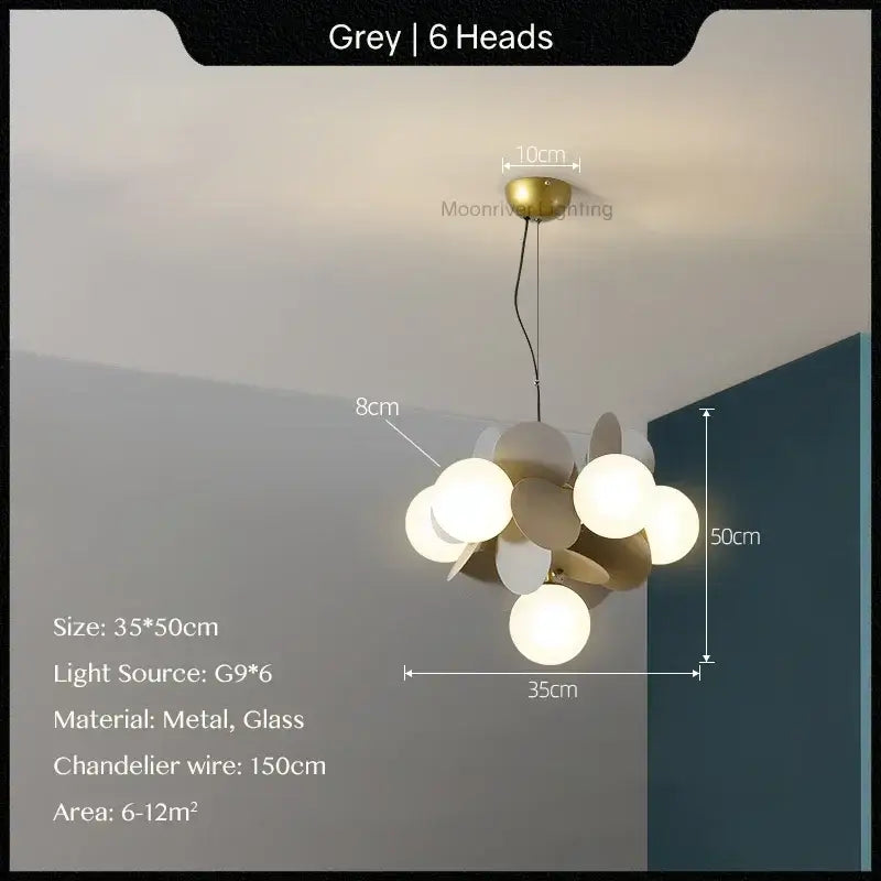 Modern grey six-head decorbites glass hanging ceiling lamp with metallic and glass components for kids room decor