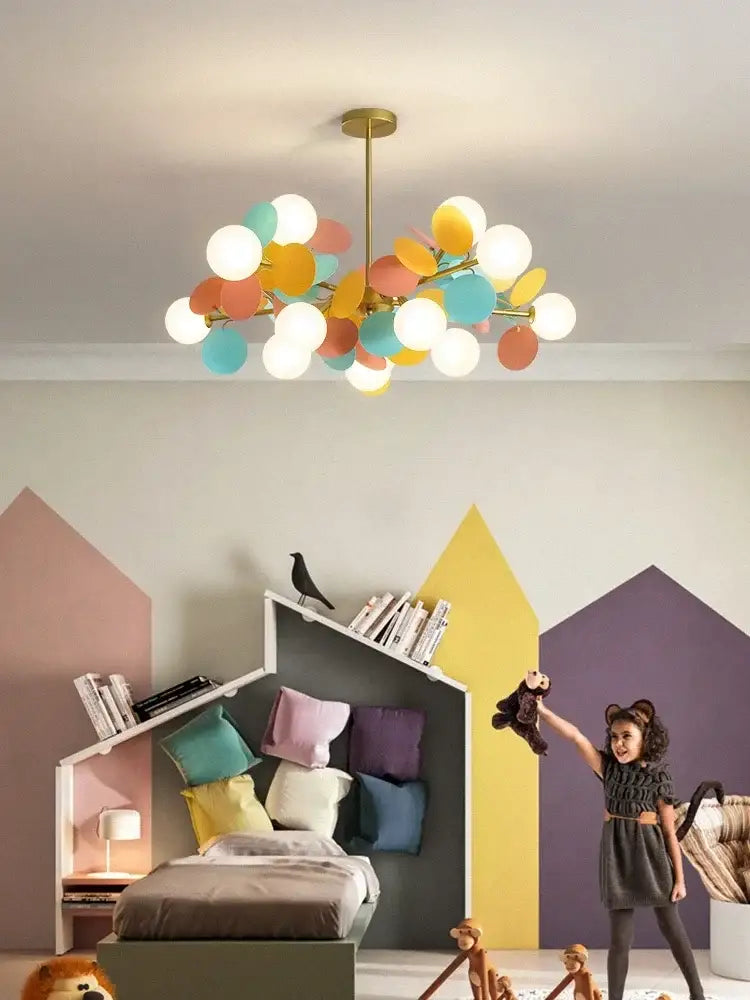 Modern pastel glass hanging ceiling lamp with gold stem and colorful translucent bulbs for kids room decorbites glass hanging