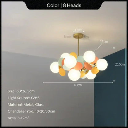 Modern pastel glass hanging ceiling lamp with eight spherical pastel bulbs on brass frame for kids room decorbites glass hanging