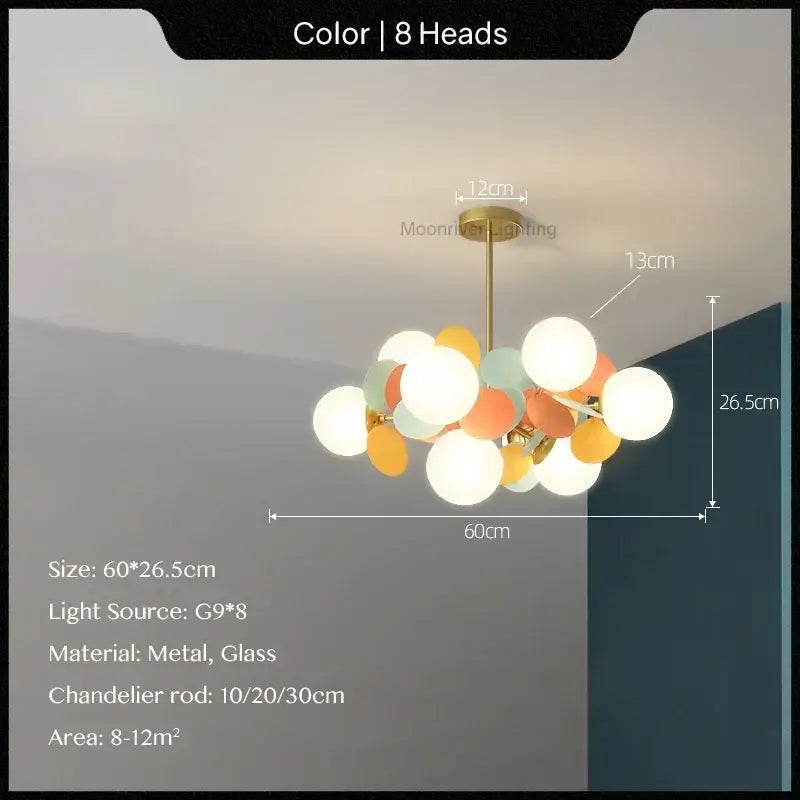 Modern pastel glass hanging ceiling lamp with eight spherical pastel bulbs on brass frame for kids room decorbites glass hanging