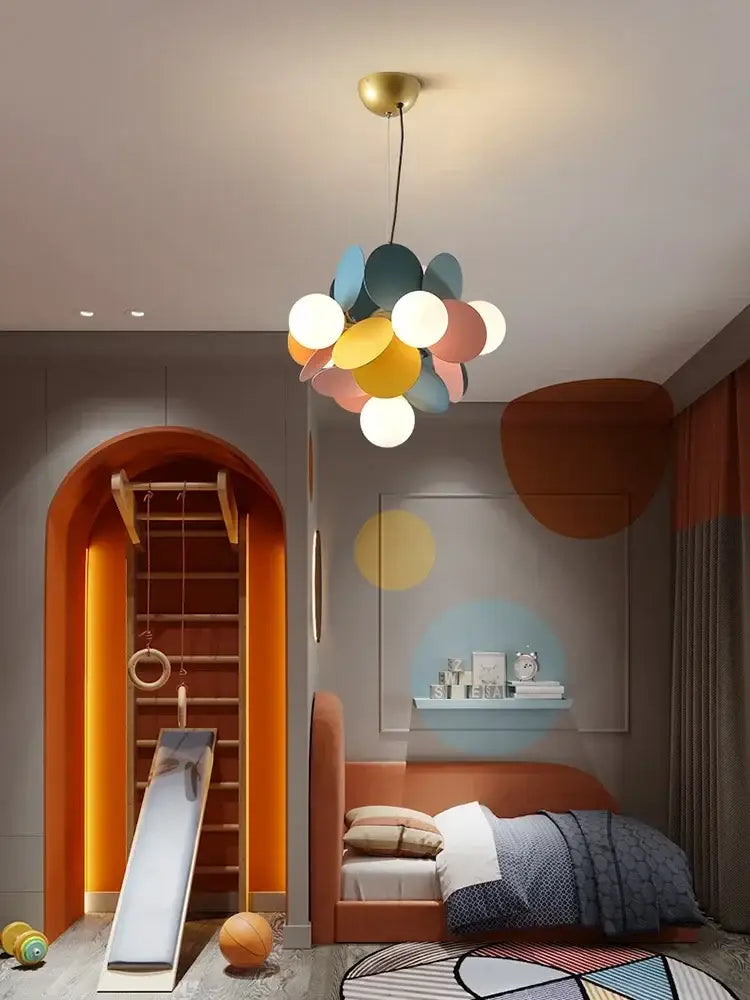 A modern pastel glass hanging ceiling lamp with gold finish and colorful shades ideal for kids room decorbites glass hanging