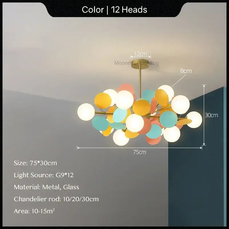 Modern pastel glass hanging ceiling lamp with twelve yellow teal and white orbs on gold decorbites glass hanging frame