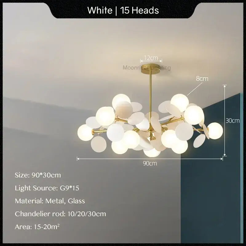 Modern pastel glass hanging ceiling lamp for kids room white 15-head chandelier with gold metal frame and frosted globes decorbites glass hanging
