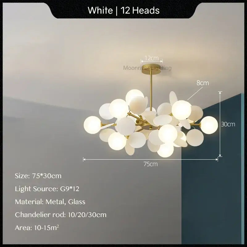 Modern pastel glass hanging ceiling lamp with white spherical glass globe and gold metal frame 12 light heads decorbites glass hanging