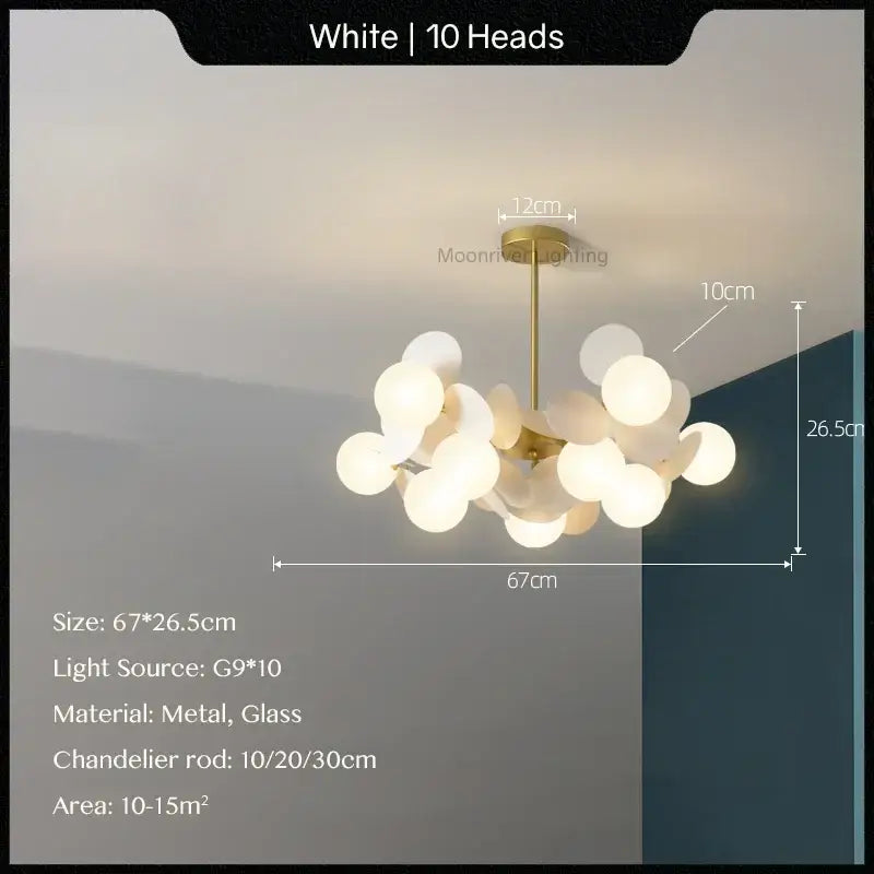 Modern pastel glass hanging ceiling lamp with white spherical glass and gold frame featuring ten bulbs decorbites glass hanging