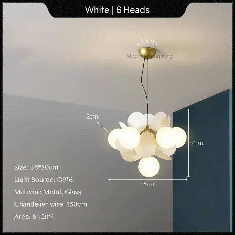 White six-head decorbites glass hanging ceiling lamp with gold metal frame and frosted globes for kids room decor