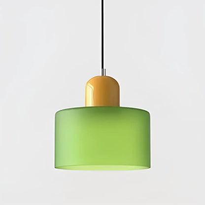 Modern pendant light with frosted green glass shade and amber top cap for kitchen and dining room use