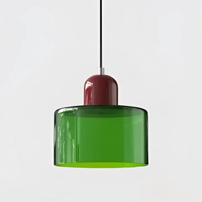 Modern pendant light with a vibrant green stained glass shade and glossy red metallic top for kitchen dining room use