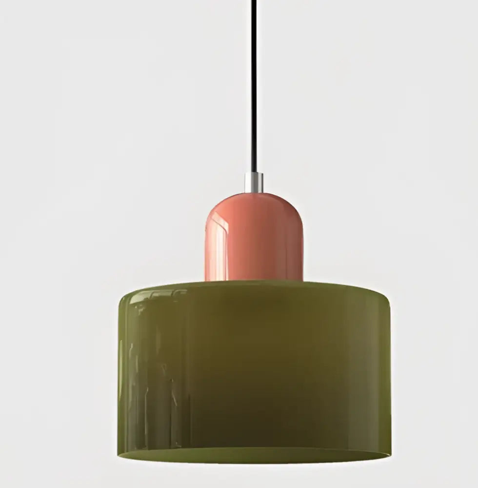 Modern pendant light with matte olive green and glossy coral glass shade for kitchen and dining room use