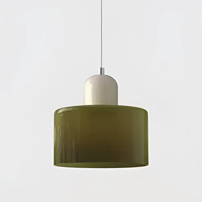Modern olive-green glass shade pendant light with white ceramic top and metallic suspension for kitchen and dining room