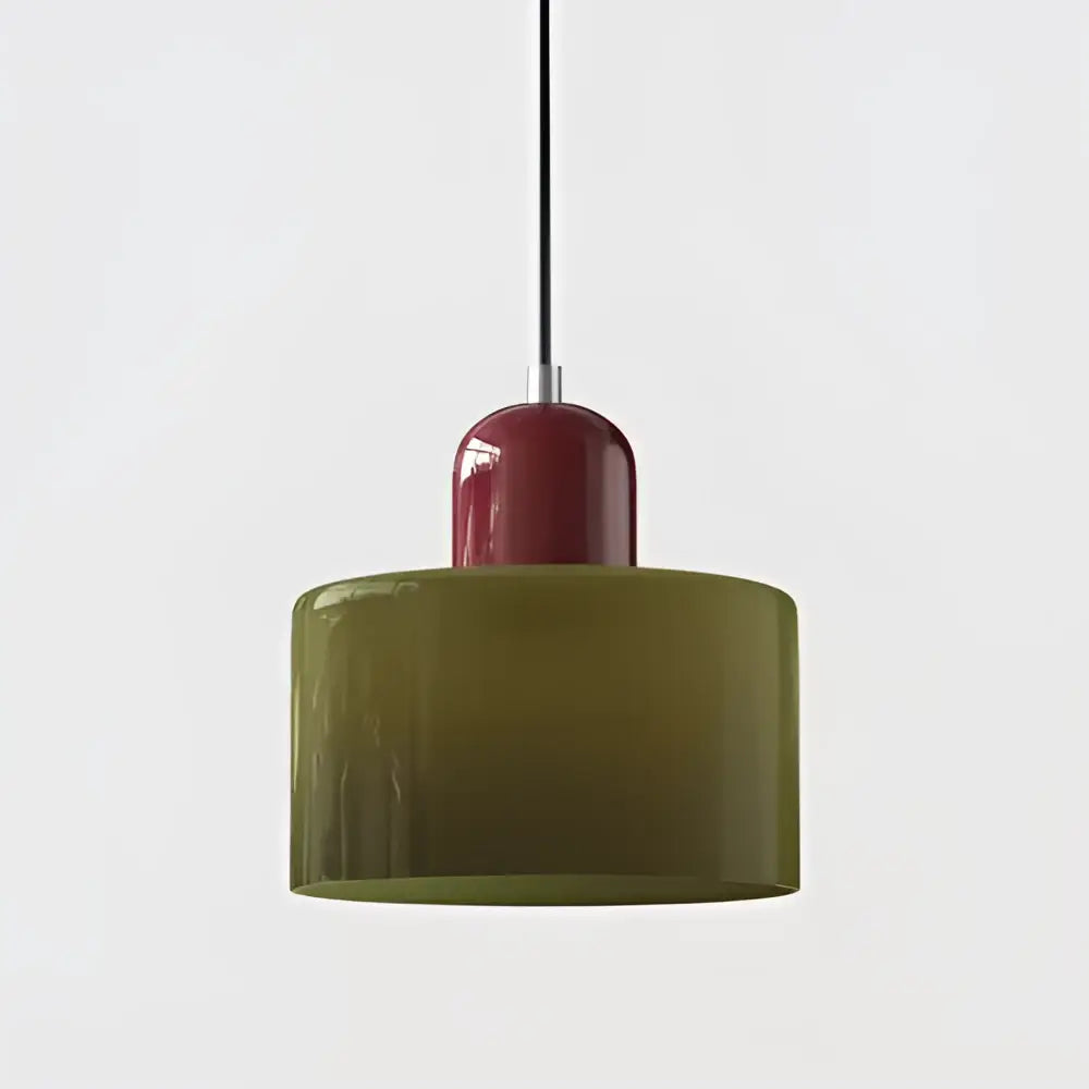 Modern olive-green stained glass pendant light with glossy finish and red cylindrical glass shade top for kitchen dining