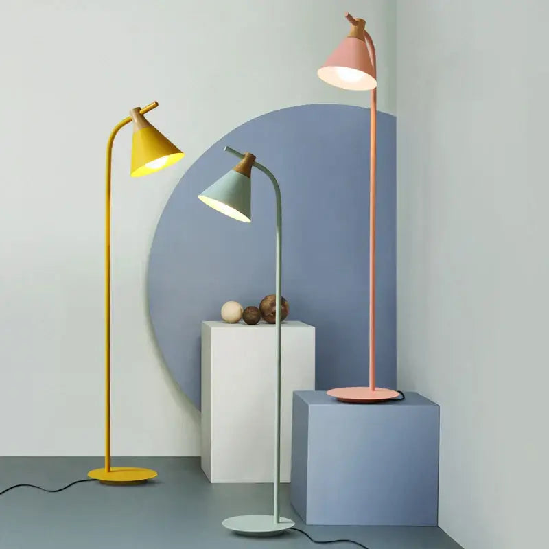 Three modern floor lamps with pastel conical shades and wood accents decorbites iron macaron floor for living room
