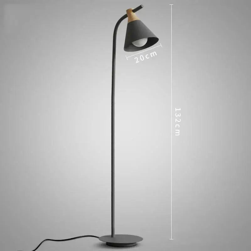 Black metal floor lamp with curved neck and wooden accent on conical shade for decorbites iron macaron floor use