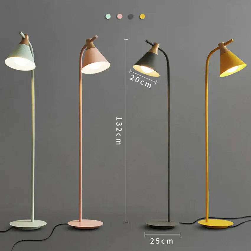 Modern pastel iron macaron floor lamp with slender metal stand wooden accents and conical shade for living room decor