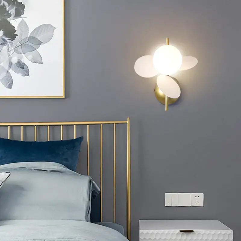 Gold-toned modern wall lamp with three frosted macaron acrylic petals, ideal for children’s bedroom night light decorbites colorful macaron