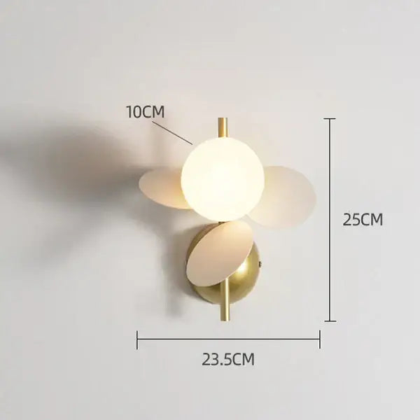 Gold-toned wall lamp with macaron acrylic frosted shades and central illuminated sphere for children’s bedroom decorbites colorful macaron