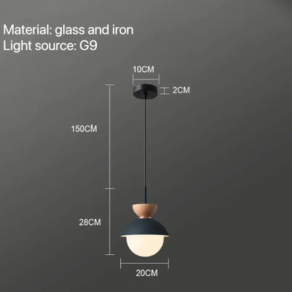 Modern pastel matte ceramic glass ball pendant lamp with matte black iron frame glass ball pendant and wooden accent