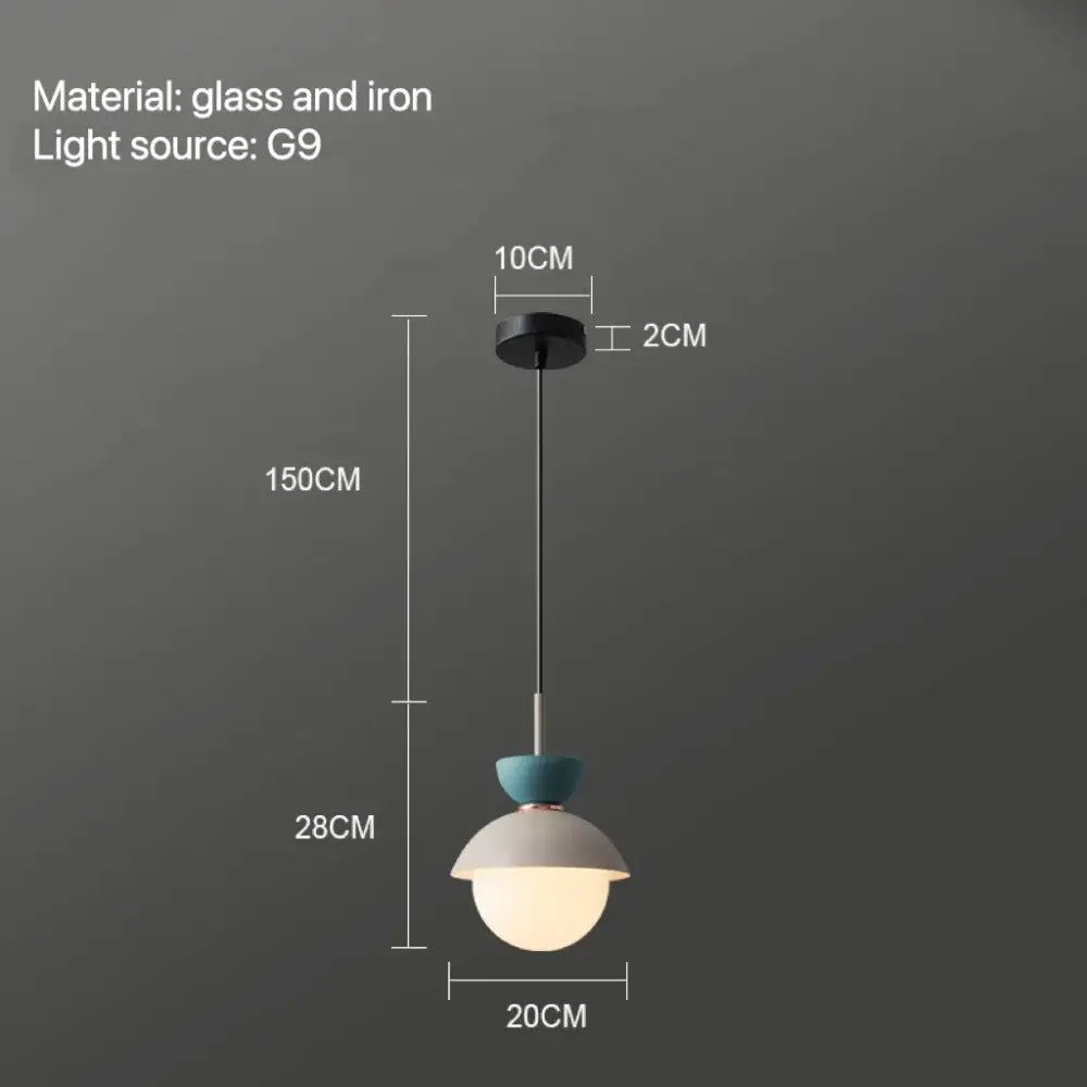 Modern pastel matte ceramic glass ball pendant lamp with frosted globe teal and white accents by black iron cable